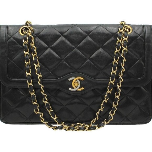 Authentic CHANEL CC Paris Limited Double Flap Lambskin Matelasse Chain Bag Black - Picture 1 of 11